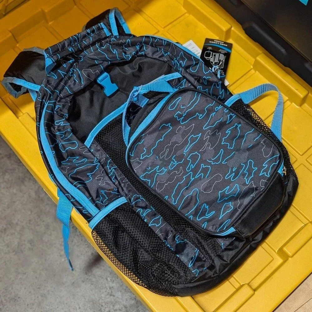 NWT Kids Backpack & Lunch Bag Set‎ Blue Black Camo School Travel Bookbag